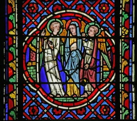 Window depicting Scene from the life of Saint Bonnet: the Virgin telling the accompanying Angels that she wishes to hear the Mass celebrated in Saint Bonnet
